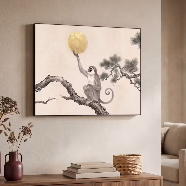 Aap - Maan - Goud Textielframe zwart klein -sfeer3