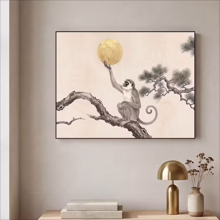 Aap - Maan - Goud Textielframe zwart klein -sfeer2