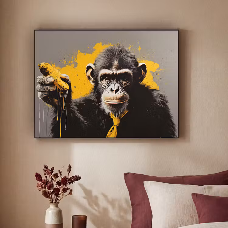 Aap - Chimpansee - Banaan - Geel - Dieren - Stropdas Textielframe zwart klein -sfeer1