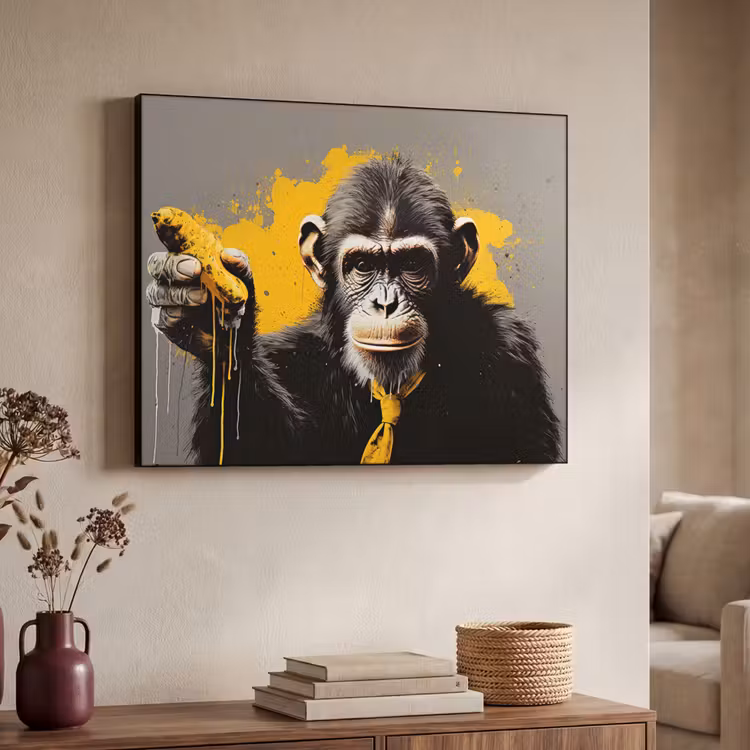 Aap - Chimpansee - Banaan - Geel - Dieren - Stropdas Textielframe zwart klein -sfeer3