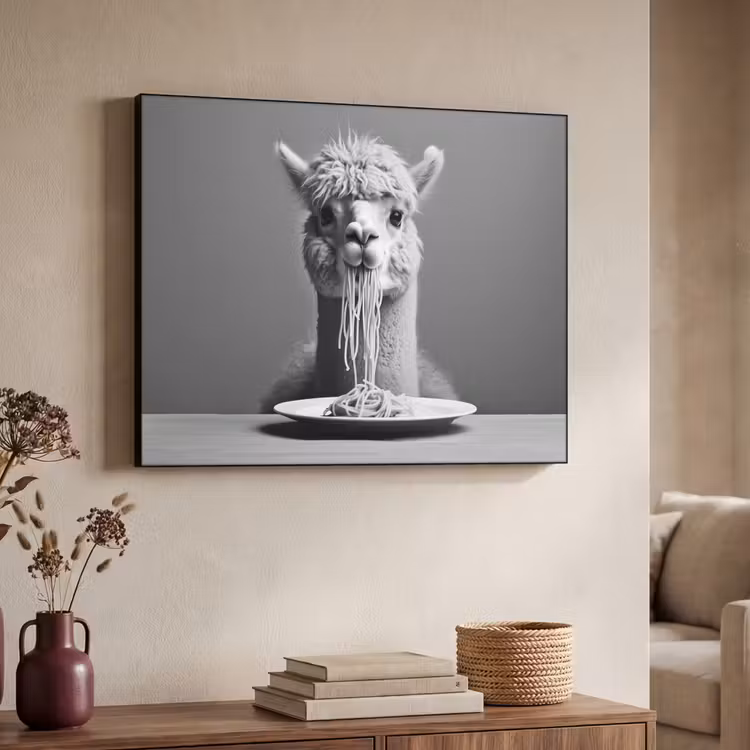 Alpaca - Pasta - Zwart - Wit - Grappig - Dieren Textielframe zwart klein -sfeer3