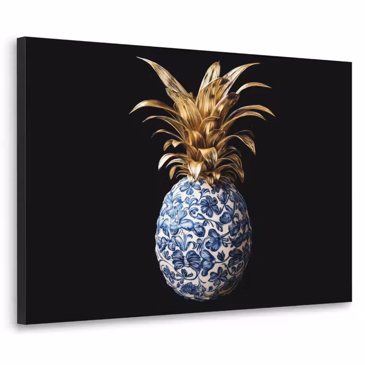 Ananas - Bloemen patroon - Goud - Delftsblauw Textielframe zwart klein -3d