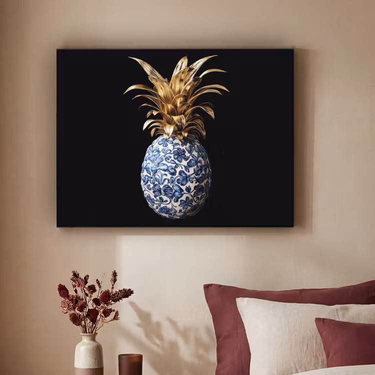 Ananas - Bloemen patroon - Goud - Delftsblauw Textielframe zwart klein -sfeer1
