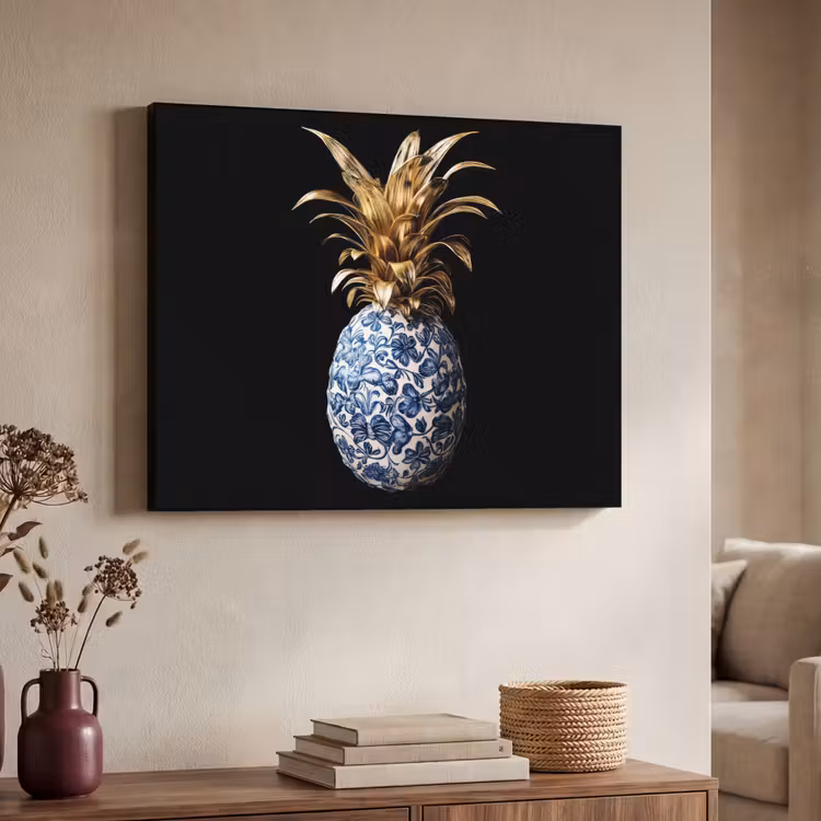 Ananas - Bloemen patroon - Goud - Delftsblauw Textielframe - compleet frame klein -sfeer3