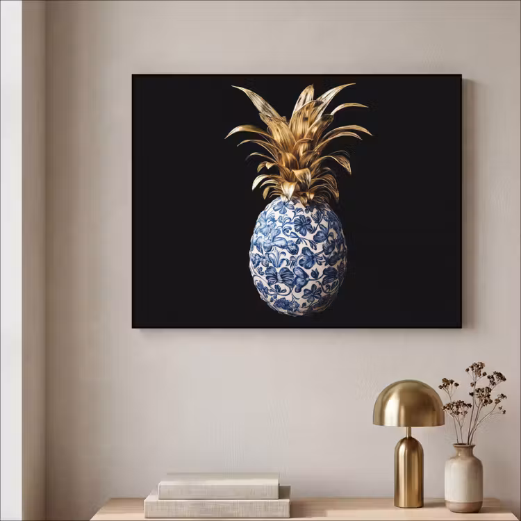 Ananas - Bloemen patroon - Goud - Delftsblauw Textielframe zwart klein -sfeer2