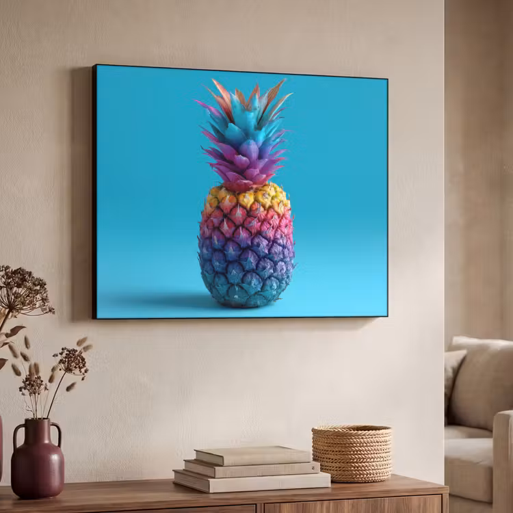 Ananas - Regenboog - Blauw - Popart Textielframe zwart klein -sfeer3