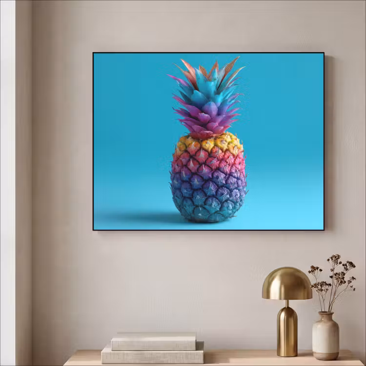 Ananas - Regenboog - Blauw - Popart Textielframe - compleet frame klein -sfeer2