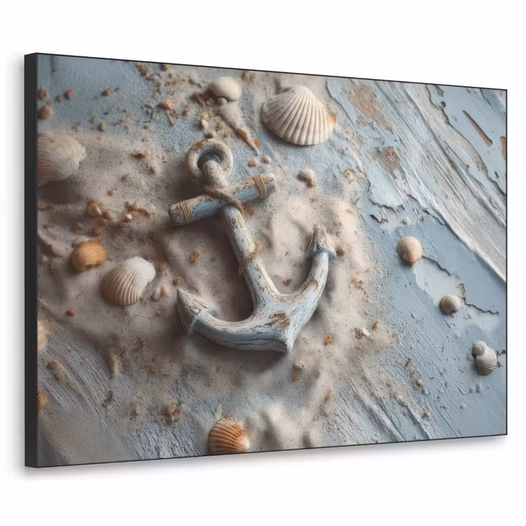 Anker - Hout - Schelpen - Zand Textielframe zwart klein -3d