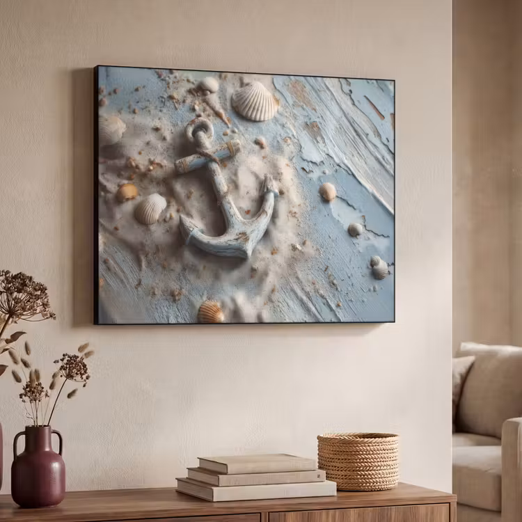 Anker - Hout - Schelpen - Zand Textielframe - compleet frame klein -sfeer3