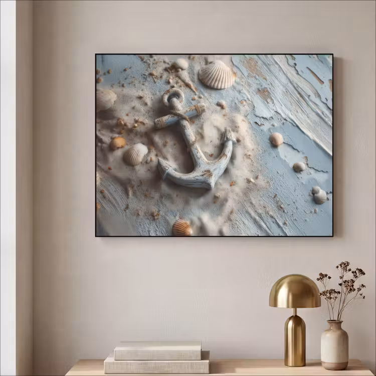 Anker - Hout - Schelpen - Zand Textielframe - compleet frame klein -sfeer2