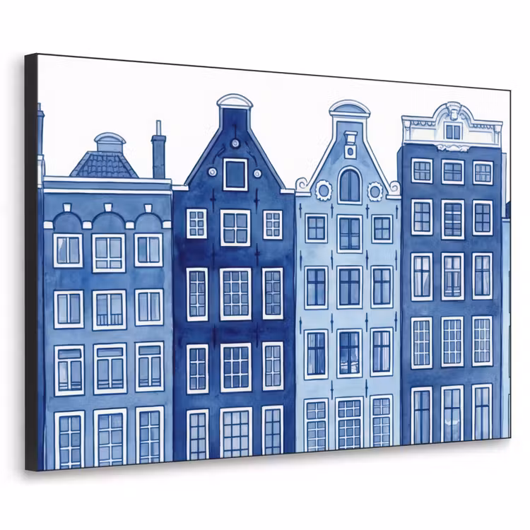 Art Frame - Aquarell - Grachtenhäuser - Delfter Keramik - Aquarel - Grachtenpanden - Delfts - Blauw Textielframe zwart klein