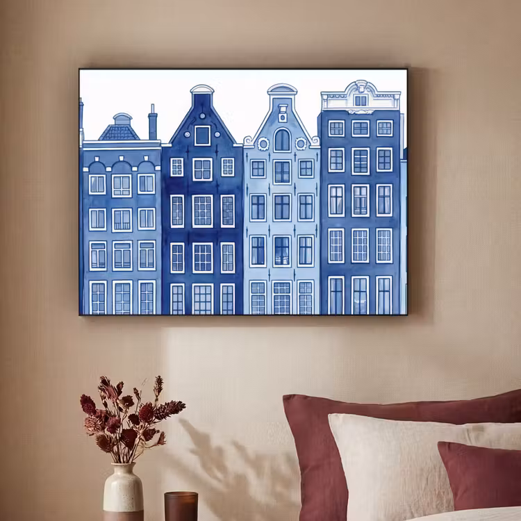 Art Frame - Aquarell - Grachtenhäuser - Delfter Keramik - Aquarel - Grachtenpanden - Delfts - Blauw Textielframe zwart klein