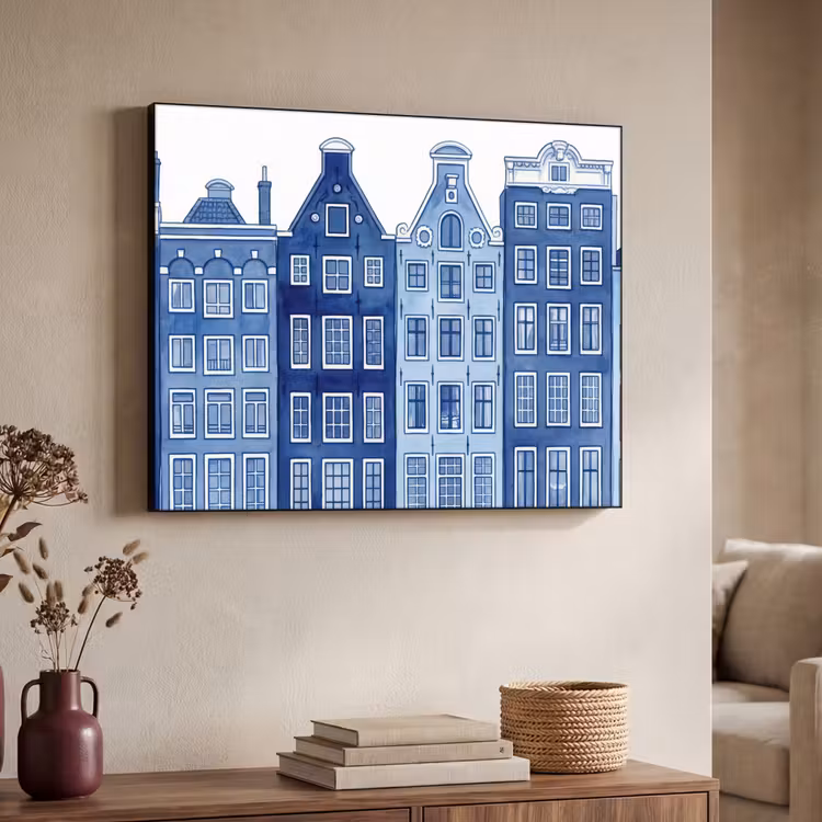 Art Frame - Aquarell - Grachtenhäuser - Delfter Keramik - Aquarel - Grachtenpanden - Delfts - Blauw Textielframe zwart klein