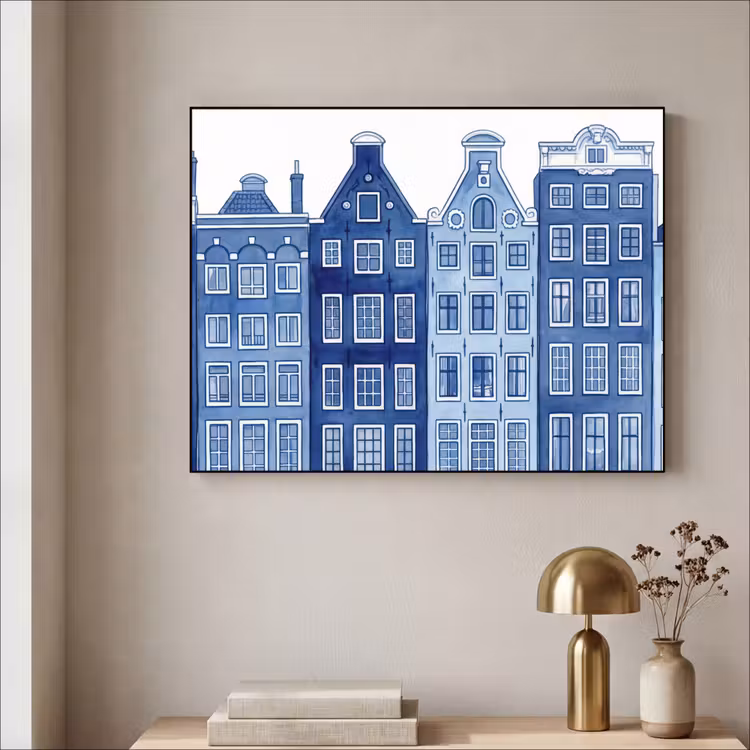 Art Frame - Aquarell - Grachtenhäuser - Delfter Keramik - Aquarel - Grachtenpanden - Delfts - Blauw Textielframe zwart klein