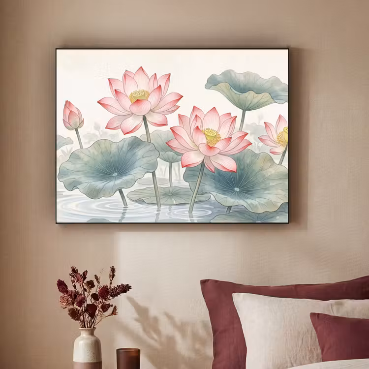 Aquarel - Lotusbloemen - Kleurrijk Textielframe zwart klein -sfeer1