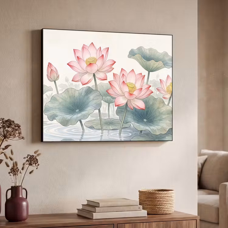 Aquarel - Lotusbloemen - Kleurrijk Textielframe zwart klein -sfeer3