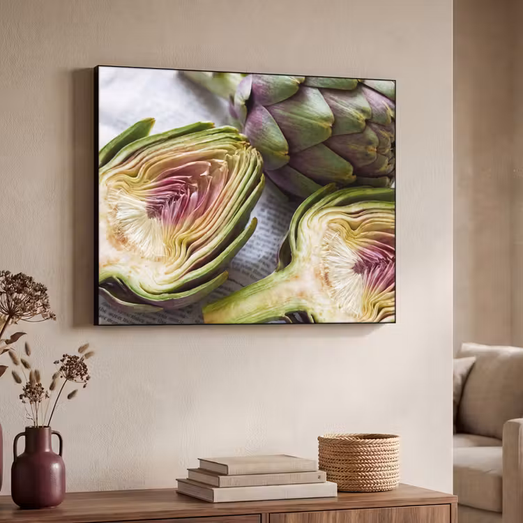Art Frame - Artischocke – aufgeschnitten – Essen - Artisjok - Doorgesneden - Eten Textielframe zwart klein