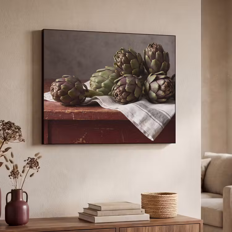 Art Frame - Artischocke – Essen – Rustikal - Artisjok - Eten - Rustiek Textielframe zwart klein