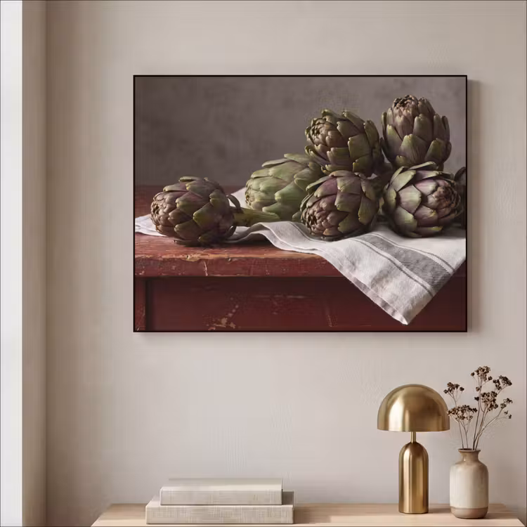 Art Frame - Artischocke – Essen – Rustikal - Artisjok - Eten - Rustiek Textielframe zwart klein