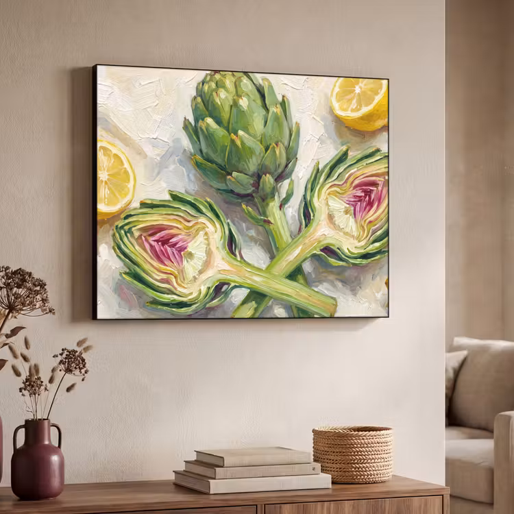 Art Frame - Artischocke – Zitrone – Essen - Artisjok - Citroen - Eten Textielframe zwart klein