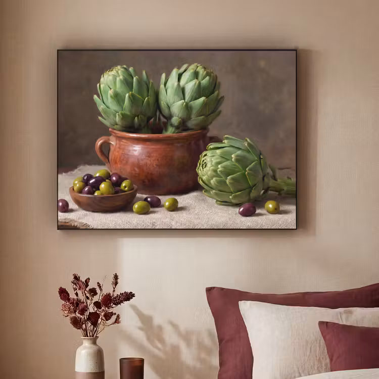 Art Frame - Artischocken – Oliven – Essen - Artisjokken - Olijven - Eten Textielframe zwart klein