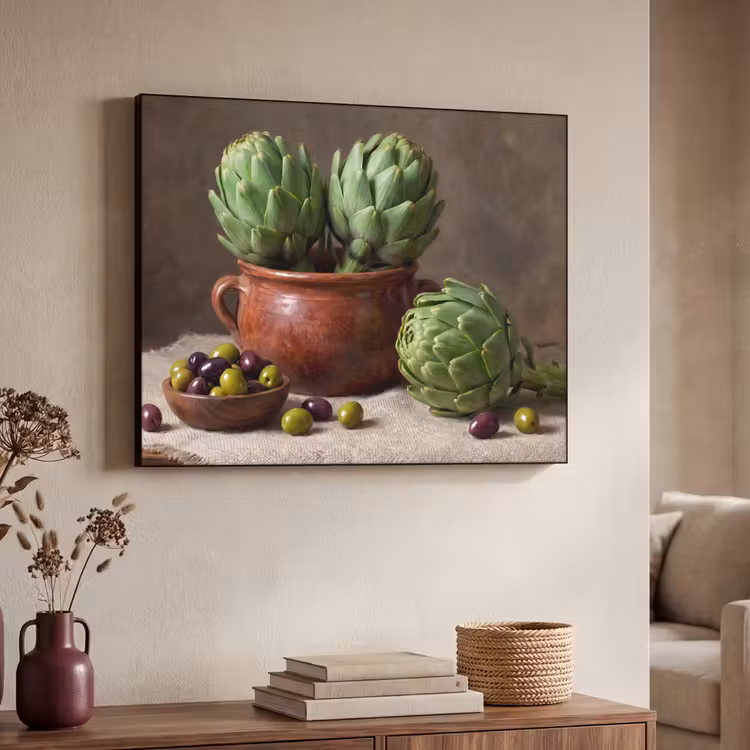 Art Frame - Artischocken – Oliven – Essen - Artisjokken - Olijven - Eten Textielframe zwart klein