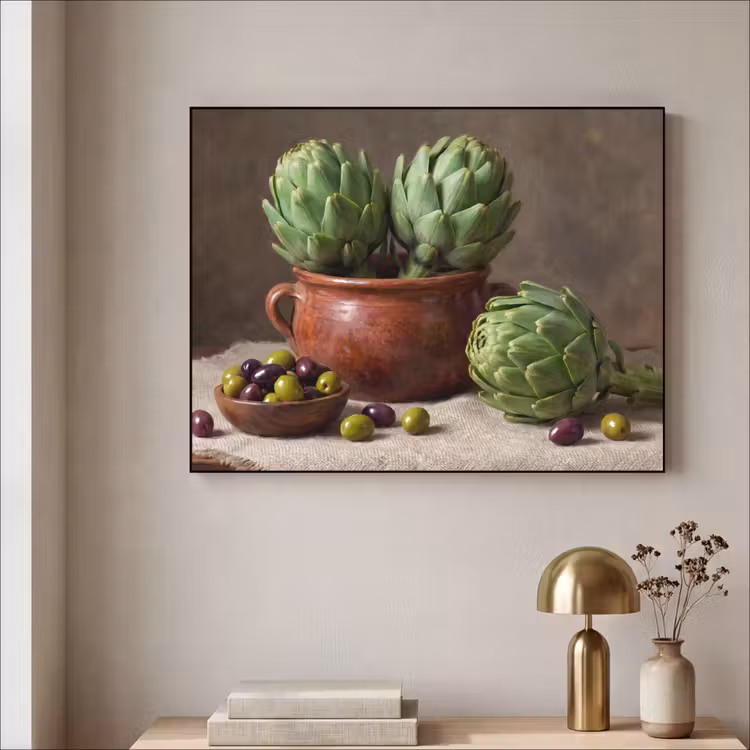 Art Frame - Artischocken – Oliven – Essen - Artisjokken - Olijven - Eten Textielframe zwart klein