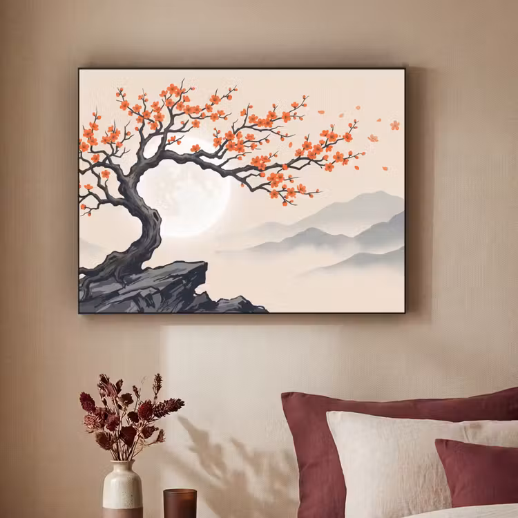Aziatisch - Bloesem - Rood Textielframe zwart klein -sfeer1