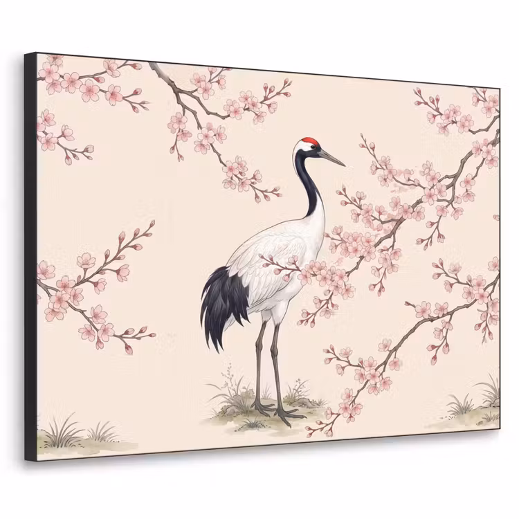 Aziatisch - Kraanvogel - Beige Textielframe zwart klein -3d