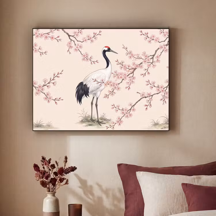 Aziatisch - Kraanvogel - Beige Textielframe zwart klein -sfeer1