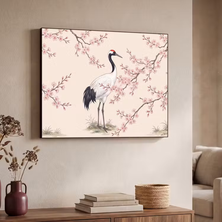 Aziatisch - Kraanvogel - Beige Textielframe zwart klein -sfeer3