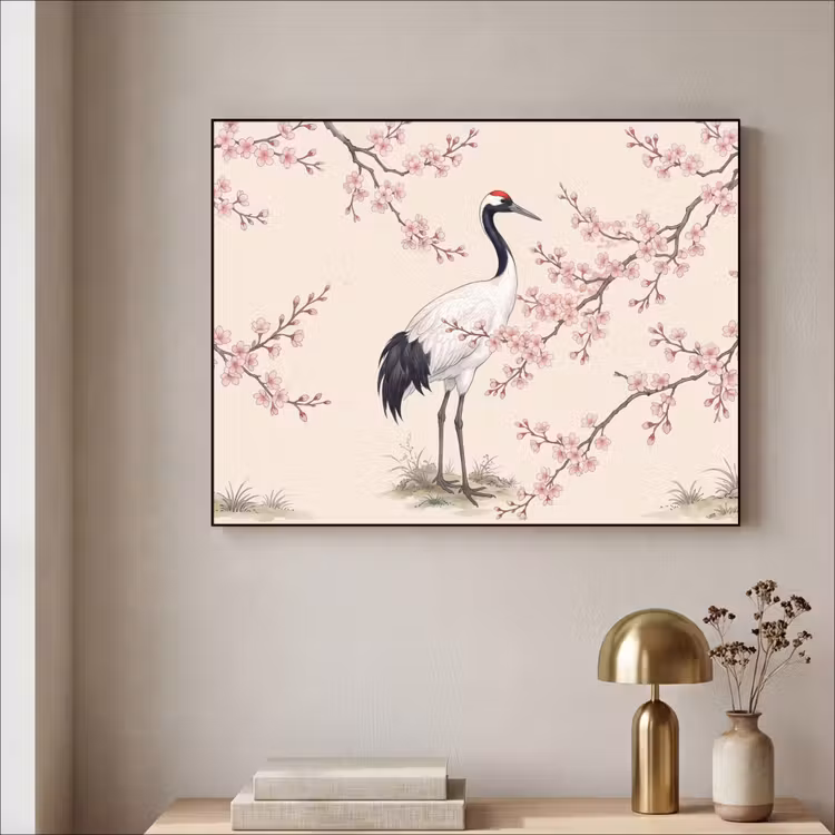 Aziatisch - Kraanvogel - Beige Textielframe zwart klein -sfeer2