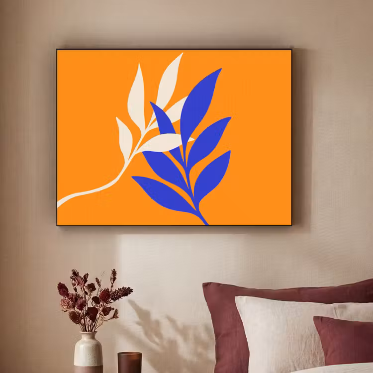 Takken - Bladeren - Minimalistisch - Blauw Textielframe - compleet frame klein -sfeer1