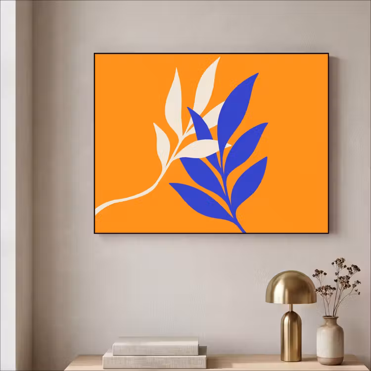 Takken - Bladeren - Minimalistisch - Blauw Textielframe zwart klein -sfeer2