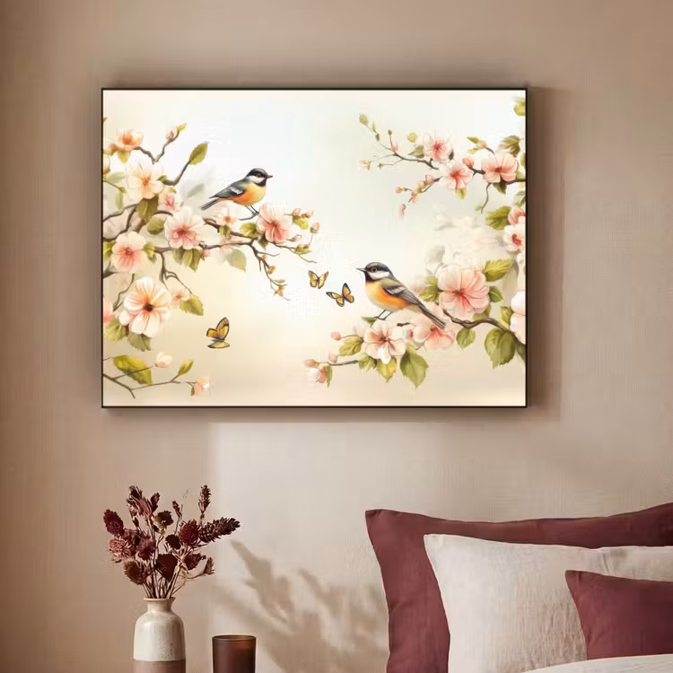 Takken - Bloemen - Vogeltjes - Roze Textielframe - compleet frame klein -sfeer1
