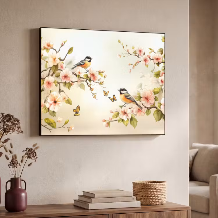 Takken - Bloemen - Vogeltjes - Roze Textielframe - compleet frame klein -sfeer3