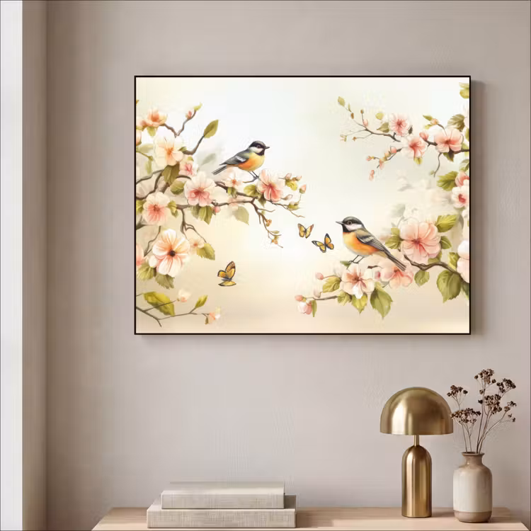 Takken - Bloemen - Vogeltjes - Roze Textielframe - compleet frame klein -sfeer2