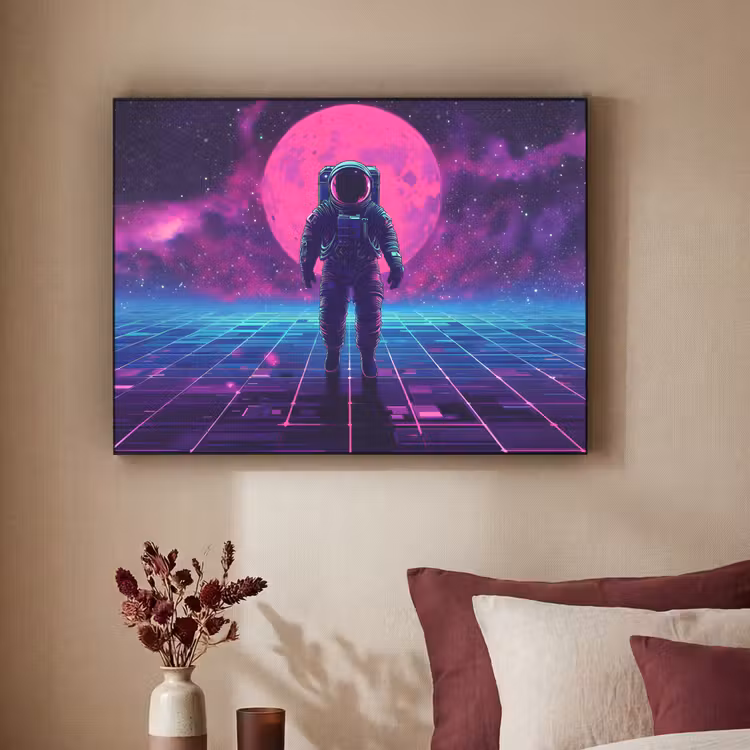 Astronaut - Maan - Roze - Sterrennevels Textielframe - compleet frame klein -sfeer1
