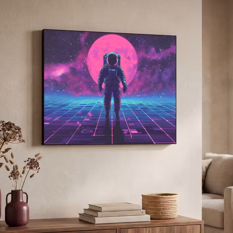 Astronaut - Maan - Roze - Sterrennevels Textielframe - compleet frame klein -sfeer3