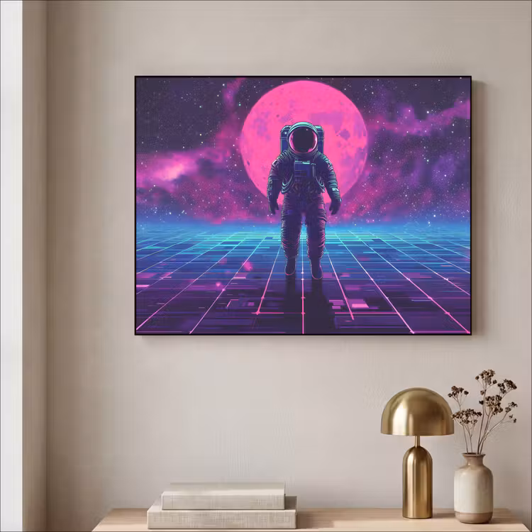 Astronaut - Maan - Roze - Sterrennevels Textielframe zwart klein -sfeer2