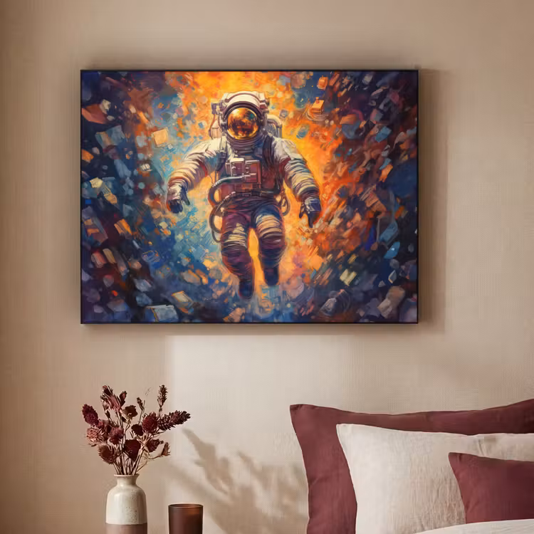 Astronaut - Neon - Oranje - Ruimte Textielframe zwart klein -sfeer1