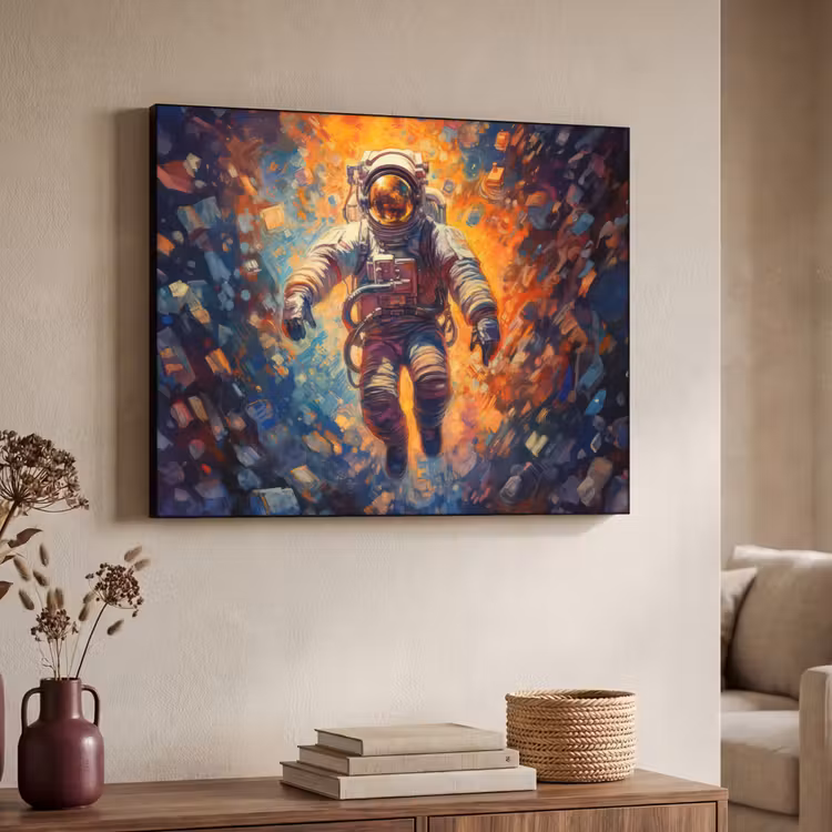 Astronaut - Neon - Oranje - Ruimte Textielframe zwart klein -sfeer3