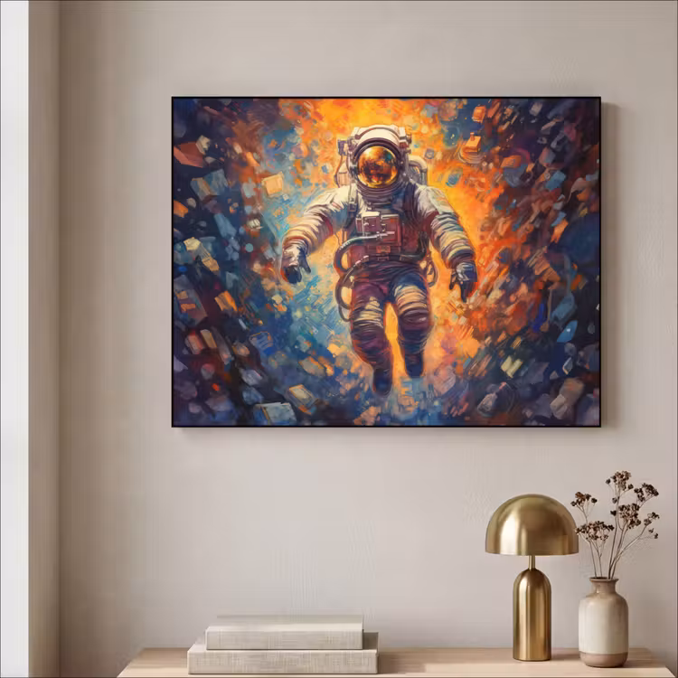 Astronaut - Neon - Oranje - Ruimte Textielframe zwart klein -sfeer2