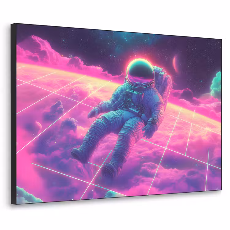 Astronaut - Neon - Roze - Wolken Textielframe zwart klein -3d