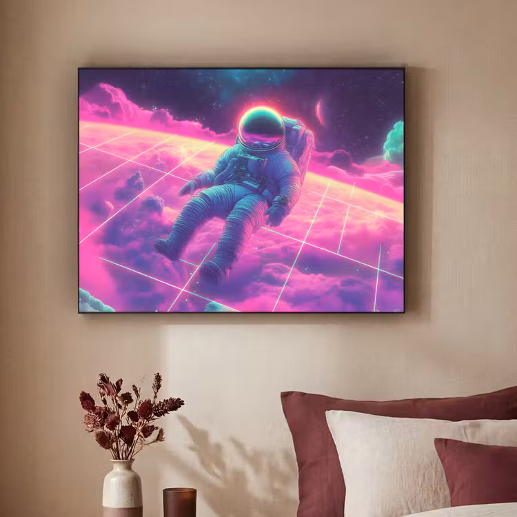 Astronaut - Neon - Roze - Wolken Textielframe zwart klein -sfeer1