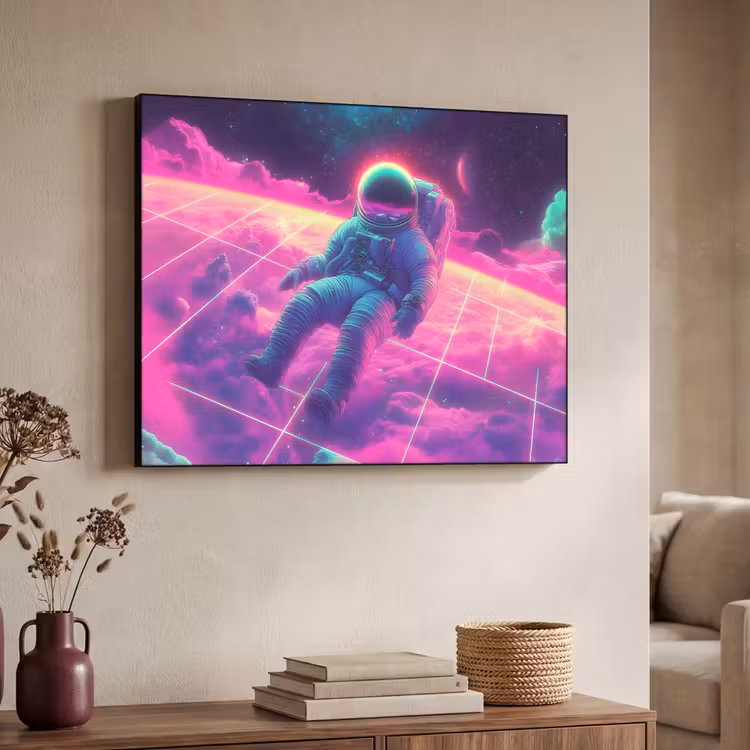 Astronaut - Neon - Roze - Wolken Textielframe - compleet frame klein -sfeer3