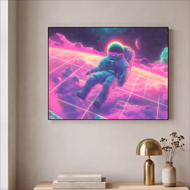 Astronaut - Neon - Roze - Wolken Textielframe - compleet frame klein -sfeer2