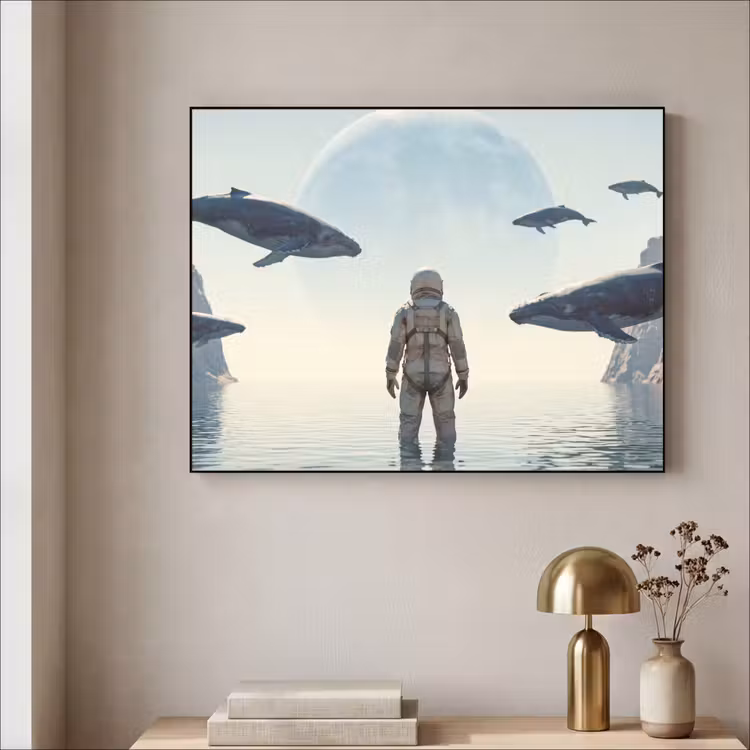 Art Frame - Astronaut – Wal – Fantasie - Ruimtevaarder - Walvis - Fantasie Textielframe zwart klein