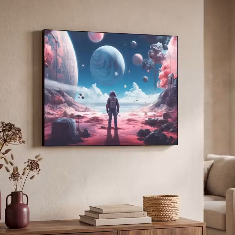 Astronaut - Ruimte - Planeten - Wolken Textielframe zwart klein -sfeer3
