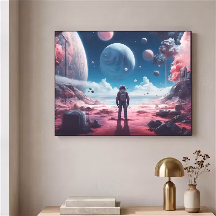 Astronaut - Ruimte - Planeten - Wolken Textielframe zwart klein -sfeer2